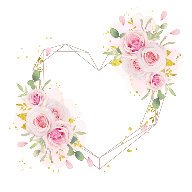 Vettore gratuito bella ghirlanda floreale con rose rosa dell'acquerello e ornamento d'oro