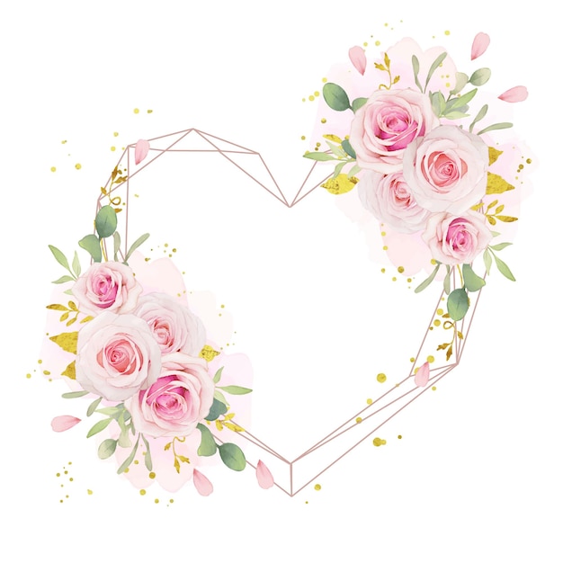 Beautiful floral wreath with watercolor pink roses and gold ornament