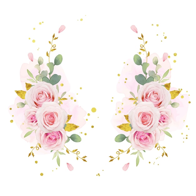 Free vector beautiful floral wreath with watercolor pink roses and gold ornament