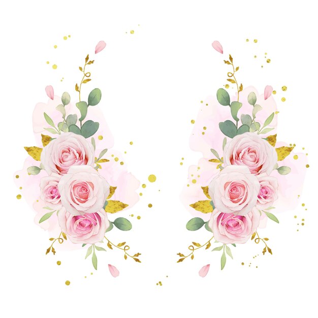 Beautiful floral wreath with watercolor pink roses and gold ornament