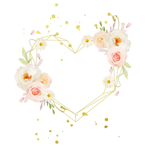 Beautiful floral wreath with watercolor pink roses and white peony