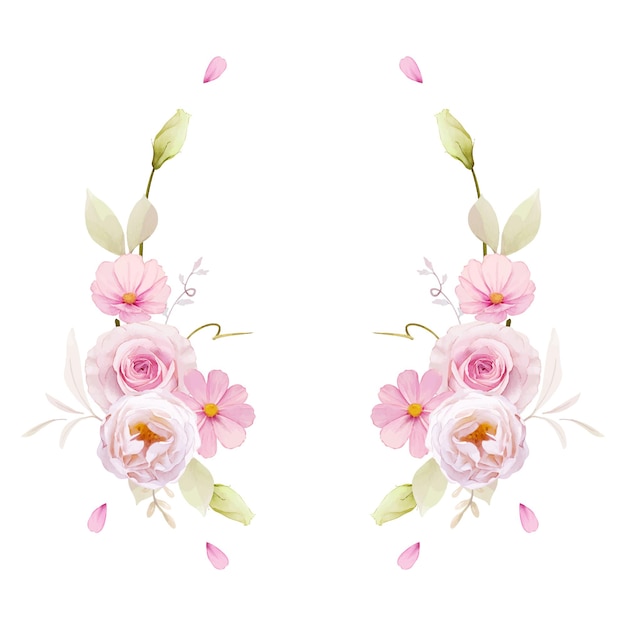 수채화 핑크 장미와 아름다운 꽃 화환