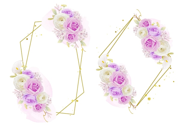 Free vector beautiful floral wreath with watercolor purple rose lily and ranunculus flower