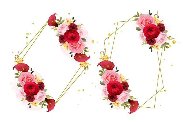免费矢量与水彩红玫瑰美丽的花环莉莉和毛茛属植物花