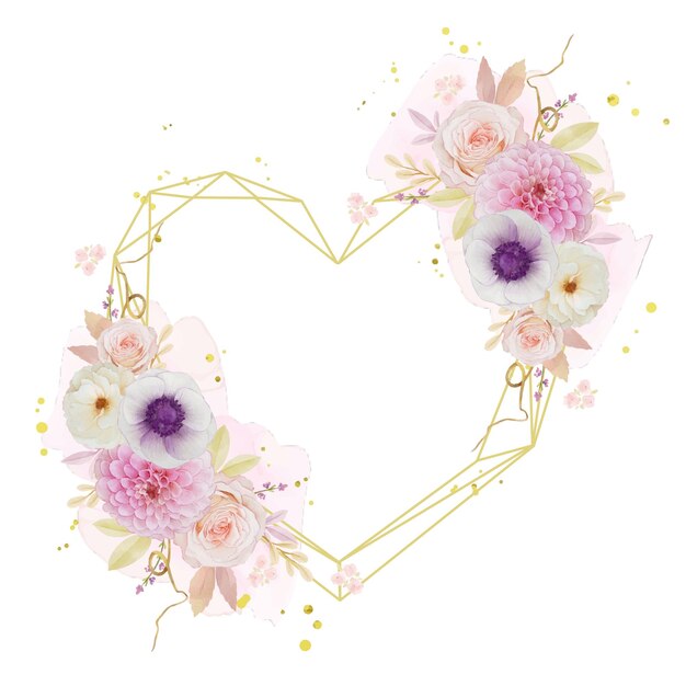 수채화 장미 달리아와 아네모네 꽃과 아름다운 꽃 화환