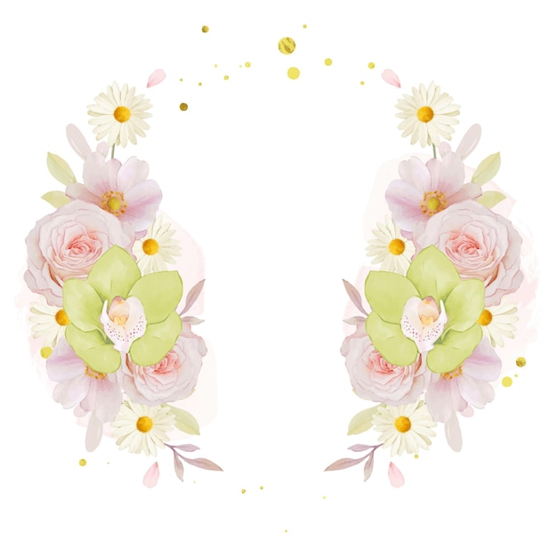 Beautiful floral wreath with watercolor rose and green orchid