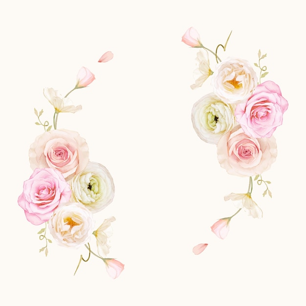 水彩のバラとラナンキュラスの美しい花の花輪