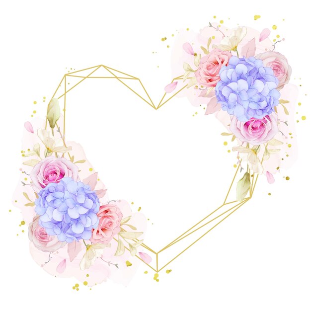 수채화 장미와 푸른 수국 꽃과 아름다운 꽃 화환