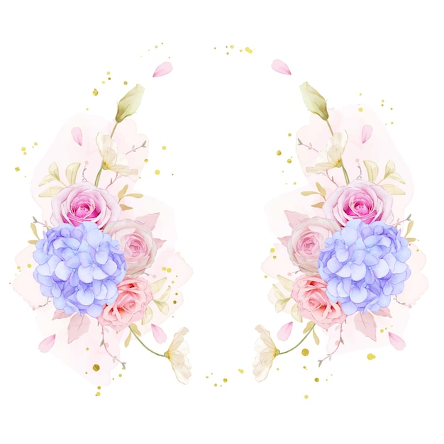 Free vector beautiful floral wreath with watercolor roses and blue hydrangea flower