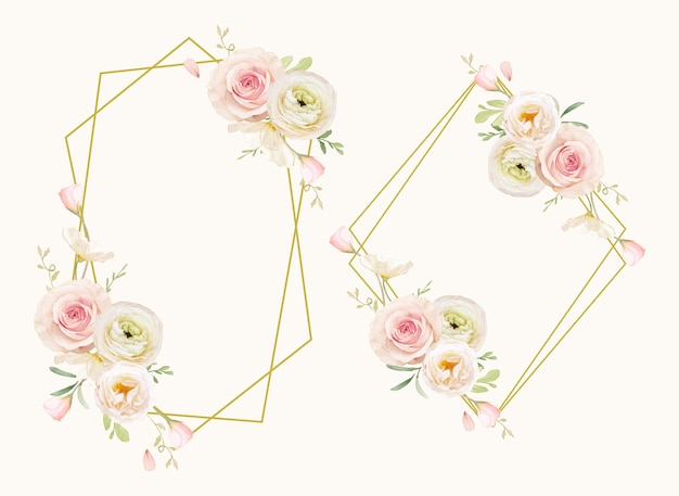 Free vector beautiful floral wreath with watercolor roses and ranunculus