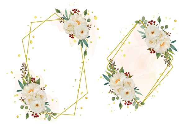 수채화 흰 장미와 모란 꽃과 아름다운 꽃 화환