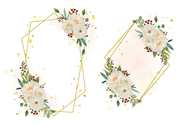 Beautiful floral wreath with watercolor white rose and peony flower