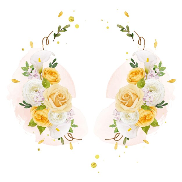 beautiful floral wreath with watercolor yellow rose  lily  and ranunculus flower