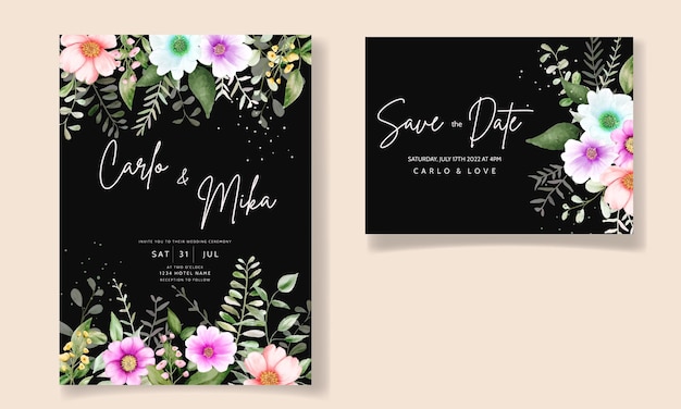 美しい花と葉の水彩結婚式の招待カード