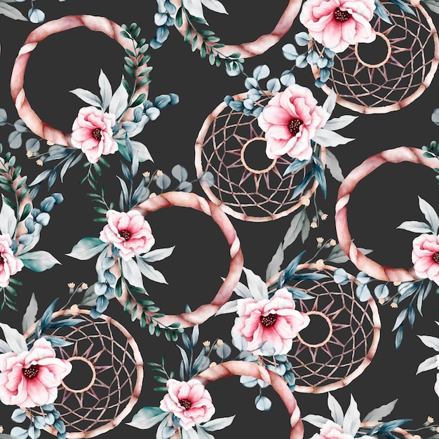 Beautiful flower and dreamcatcher seamless pattern