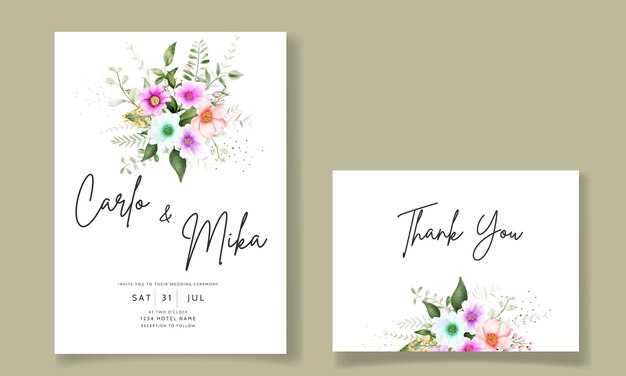 beautiful flower and leaves watercolor wedding invitation card