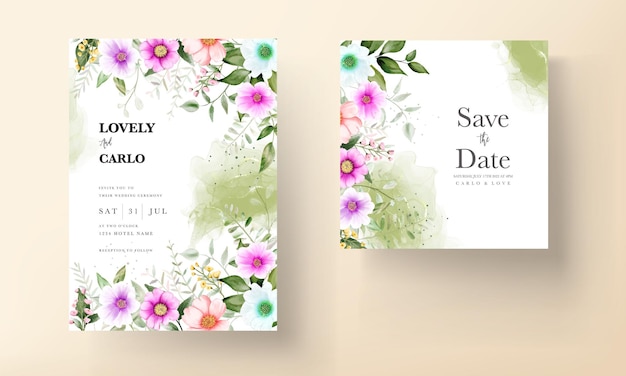 beautiful flower and leaves watercolor wedding invitation card