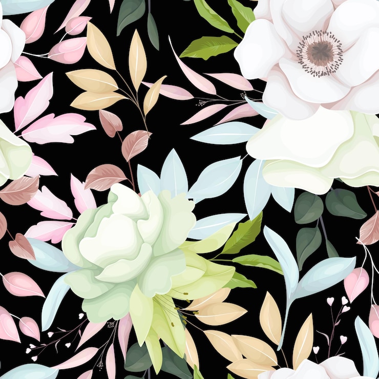 Free Vector beautiful flower and leaves wreath seamless pattern