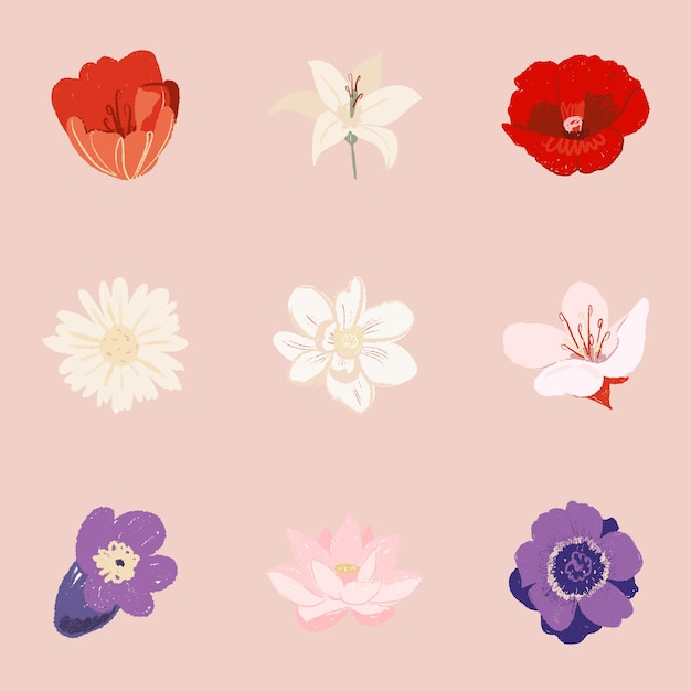 Free vector beautiful flower stickers colorful illustration set