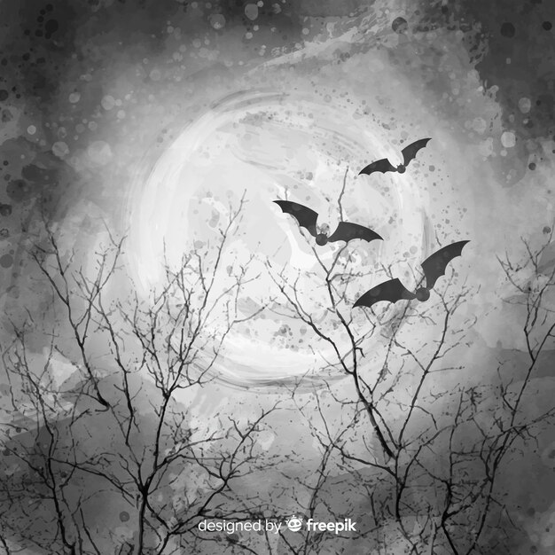 コウモリと枝と美しい満月の夜