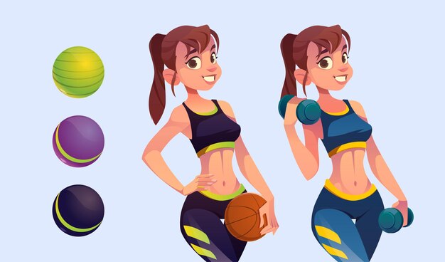 Beautiful girl holding dumbbells and sport ball