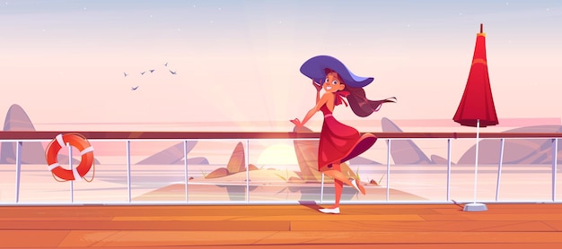 Бесплатное векторное изображение Красивая девушка на палубе круизного лайнера или набережной на рассвете