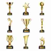 Free vector beautiful golden trophy cups and awards of different shape realistic set isolated