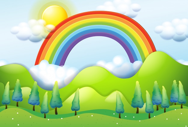 Free vector beautiful green mountain and rainbow