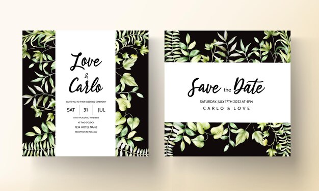 美しい緑の水彩画の葉の招待カードテンプレート