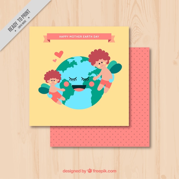 Beautiful greeting card with planet earth embracing children