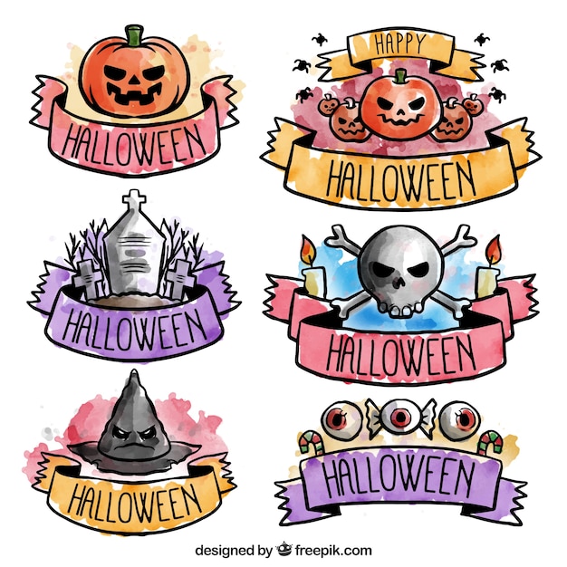 Free vector beautiful halloween stickers in watercolors