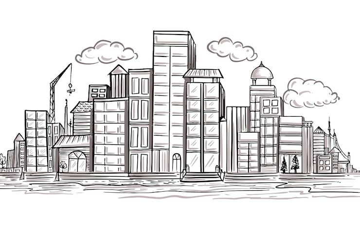 Free Vector beautiful hand draw city skyline sketch design