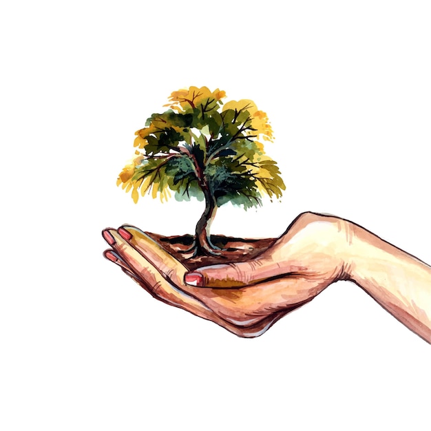 Бесплатное векторное изображение Красивая рука рисовать девочек, держащих дерево земли акварельный дизайн