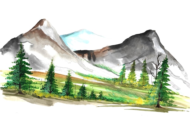 Beautiful hand draw landscape colorful mountain watercolor background