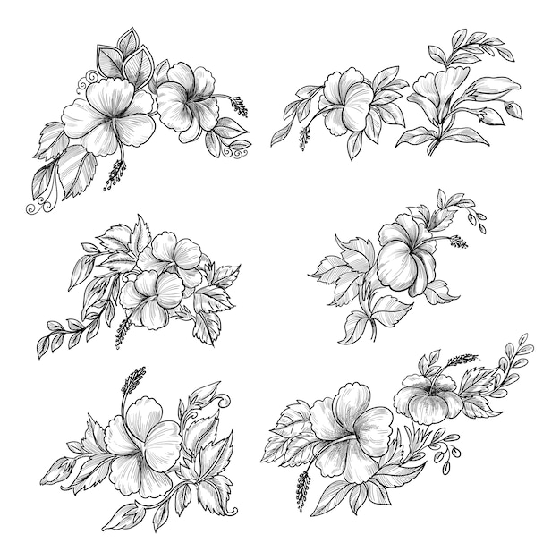 Free vector beautiful hand draw sketch floral set design