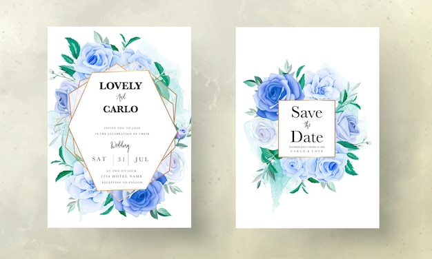青い花の結婚式の招待カードを描く美しい手描き