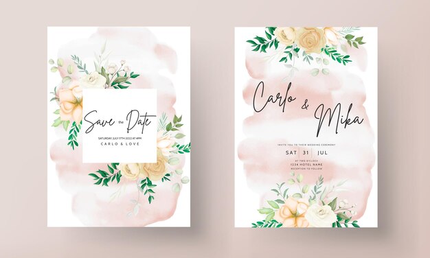美しい手描き花の結婚式の招待状セットテンプレート