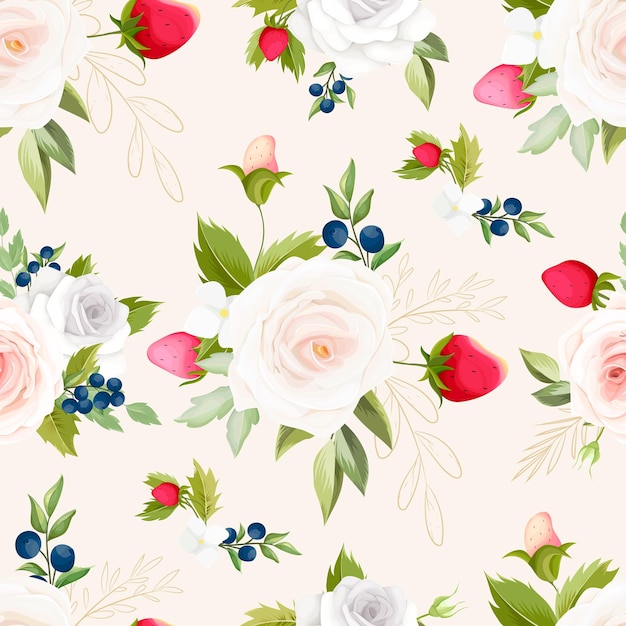 Beautiful hand drawing roses flower and strawberry fruit seamless pattern