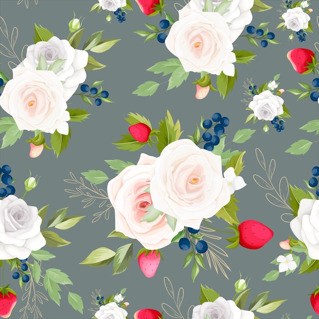 Beautiful hand drawing roses flower and strawberry fruit seamless pattern