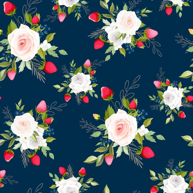 beautiful hand drawing roses flower and strawberry fruit seamless pattern