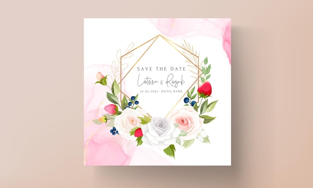 딸기와 베리 디자인의 아름다운 손 그리기 장미 꽃 결혼식 초대 카드