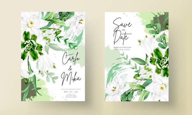 beautiful hand drawing watercolor flower and leaves wedding invitation card