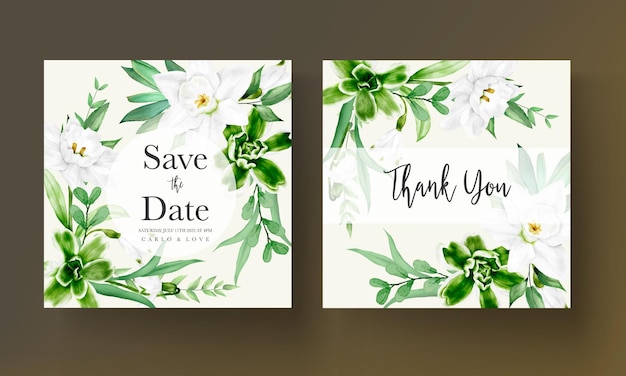 beautiful hand drawing watercolor flower and leaves wedding invitation card