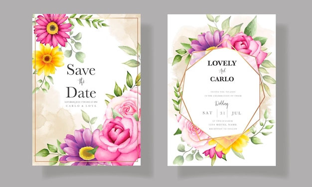 Beautiful hand drawing watercolor flower wedding invitation card