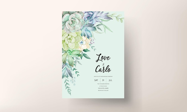 Beautiful hand drawing watercolor succulent plant and flower wedding invitation template