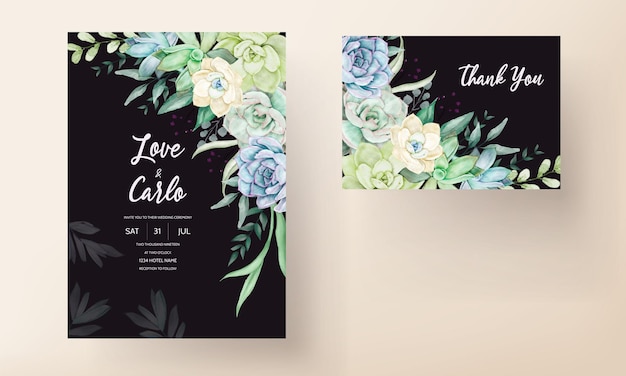 Beautiful hand drawing watercolor succulent plant and flower wedding invitation template