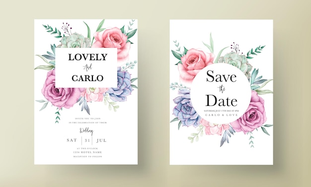 美しい手描きの水彩多肉植物とバラの花の結婚式の招待状のテンプレート