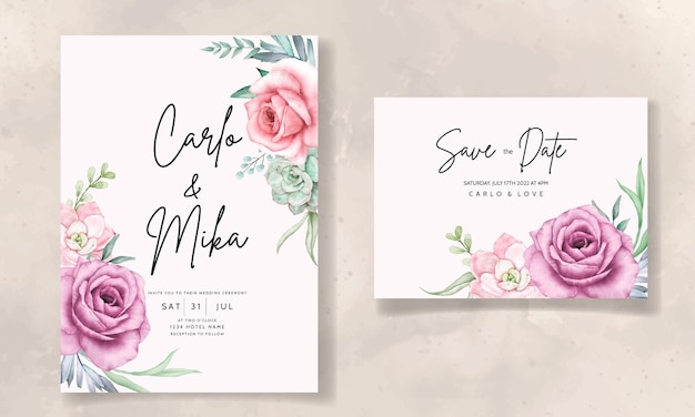 美しい手描きの水彩多肉植物とバラの花の結婚式の招待状のテンプレート