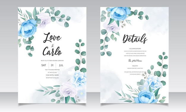 美しい​手描き​の​結婚式​の​招待状​青い​花柄