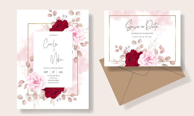Beautiful hand drawing wedding invitation maroon floral design
